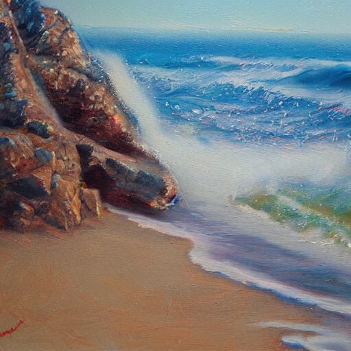 Cotton Crimea Beach Fine Oil Painting - Washed Out Waves Crushing Into the Rocks. waves are crushing into the rocks