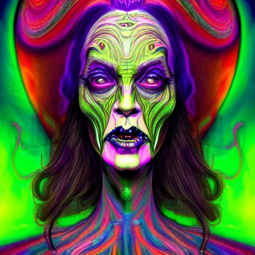 An extremely psychedelic portrait of the wicked witch, surreal, lsd, face, detailed, intricate, elegant, lithe, highly detailed, digital painting, artstation, concept art, smooth, sharp focus, illustration