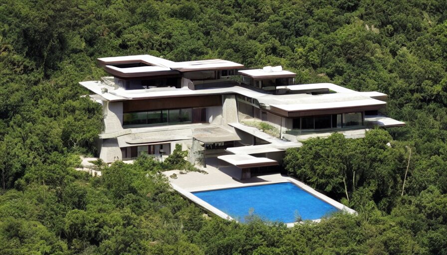 Tibetan inspired villa on a hill overlooking a valley with trees, frank lloyd wright, zaha hadid, le corbeusier, photorealistic, birds eye view. change exterior elevation