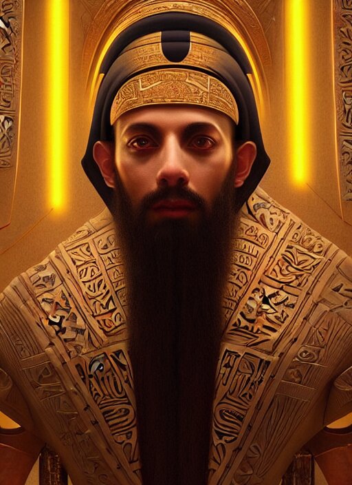 symmetry!! portrait of ancient pharaoh as a jewish rabbi wearing traditional attire, sci - fi, tech wear, glowing lights!! intricate, elegant, highly detailed, digital painting, artstation, concept art, smooth, sharp focus, illustration, art by artgerm and greg rutkowski and alphonse mucha 