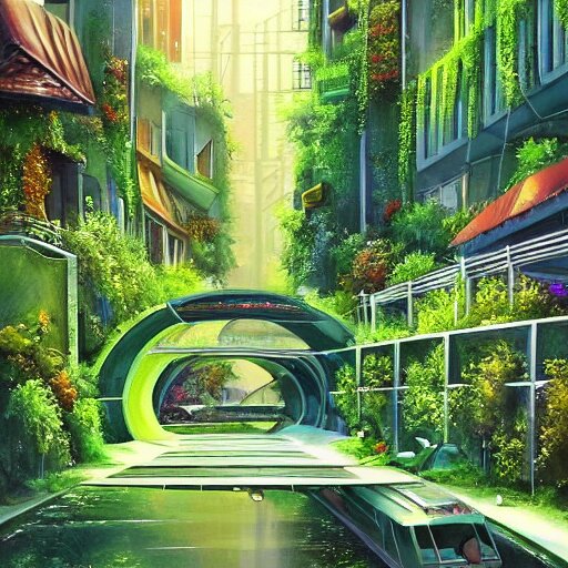 Narrow cosy waterway in beautiful green futuristic sci-fi city in harmony with nature. Nice colour scheme, soft warm colour. Beautiful detailed painting by Lurid. (2022)