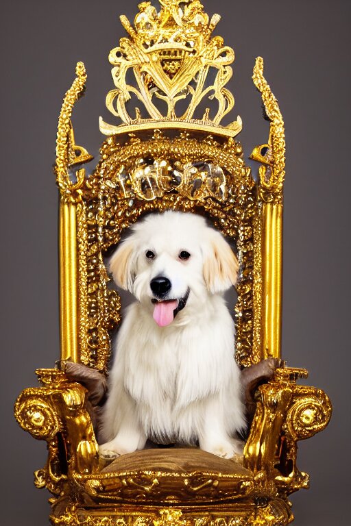 a dog sitting on a gold throne with a crown on its head, photography