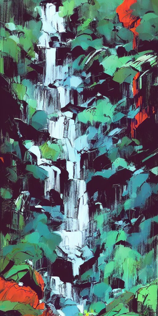 lush vibrant waterfall, ashley wood illustration