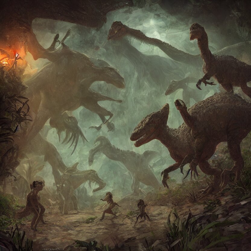 Close-up view of small fairies in a jurassic land and dinosaurs. Dark setting. Just before dawn. Fantasy art. Trending on ArtStation. swap the fairies and dinosaurs