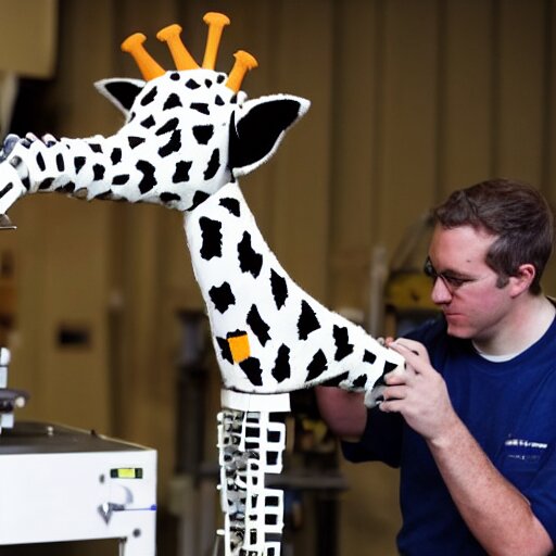 prototype robot giraffe being worked on by one scientists engineer, joe biden. 