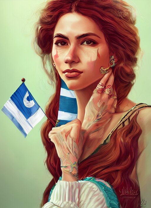 a portrait of a woman that is a personification of argentina culture wearing flag, latino american, intricate, highly detailed, digital painting, artstation, concept art, smooth, sharp focus, illustration, art by Julie Belle. make her more beautiful young women and shirtless