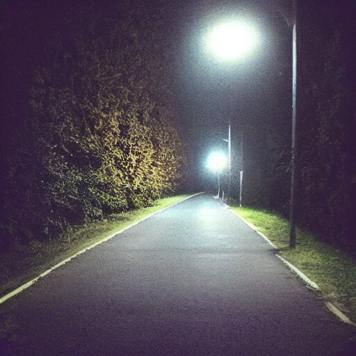 Beautiful cameraphone. Soft liminal Photograph of estate road, hedge night, streetlight. Change road to a long line of cellphones, turn night into day.