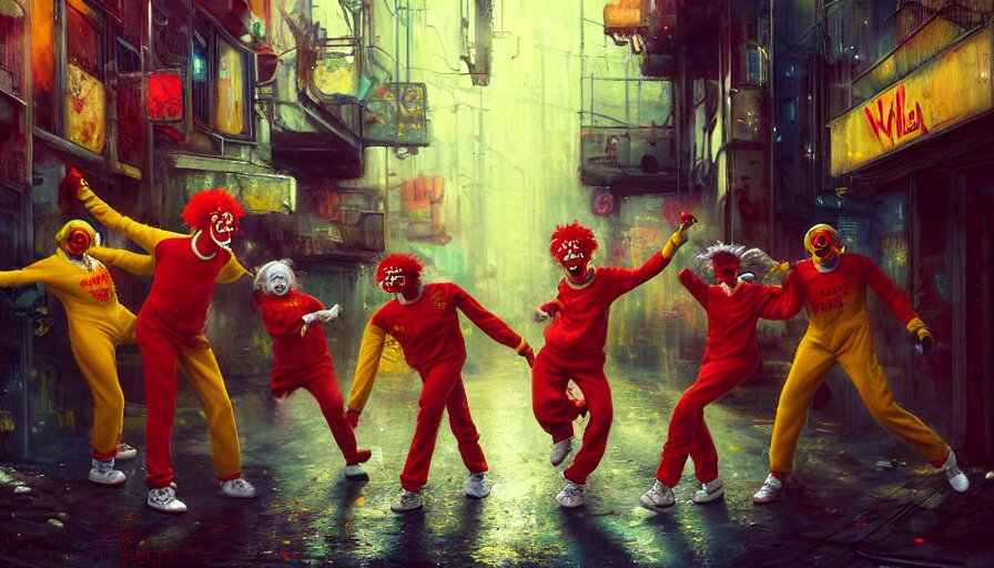 highly detailed painting of a group of mcdonalds with red afros, white facepaint, red noses and yellow tracksuits dancing in a cyberpunk alley