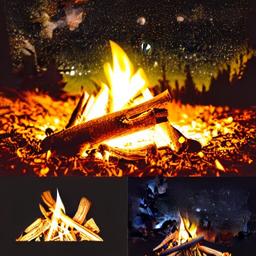 a comfy crackling outdoor campfire in front of a very dark background of burning orange illustrated stars, astrophotography, warm muted colors, cut paper photo collage with photograph and illustration. Turn the campfire into a bonfire with burning orange logs