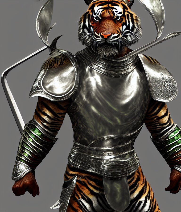 8k Ultra Realistic Character Concept of a Tiger Knight in Metallic Armor and Jade Leather. Try out a metallic finish