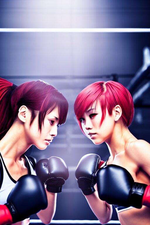 two beautiful female fighters facing each other in the gym, punching each other, dim lighting, gorgeous features, high definition, sharp focus, detailed digital anime art