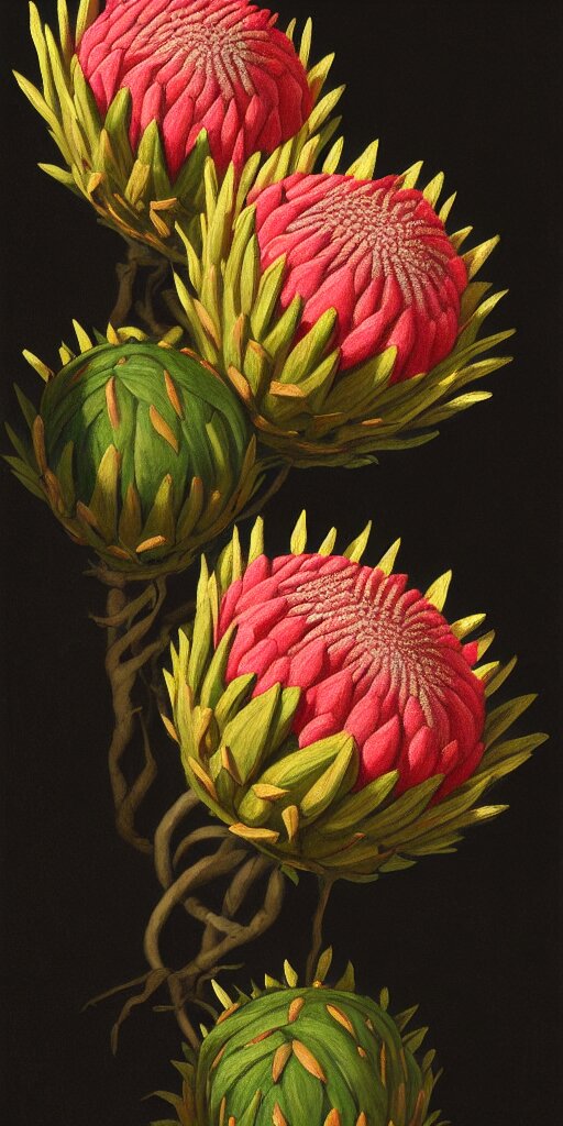 detailed king proteas and pincushions against a black backdrop by thomas cole, artstation