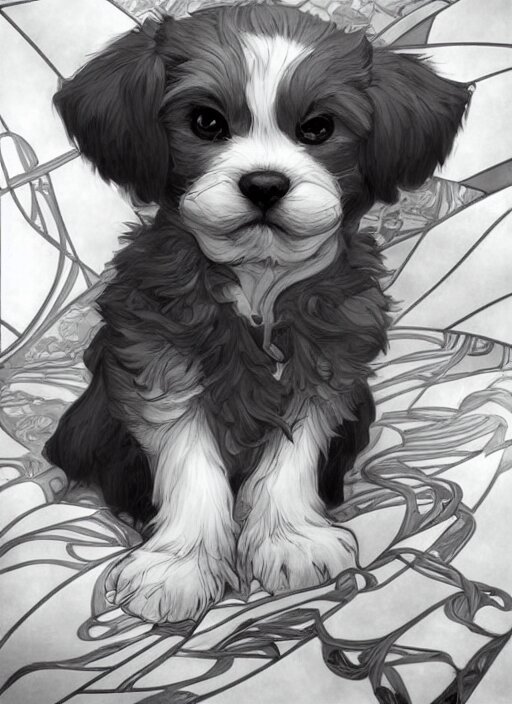 the cutest lil puppy you ever did see takeshi obata, art by artgerm and and alphonse mucha, art by loish, wlop