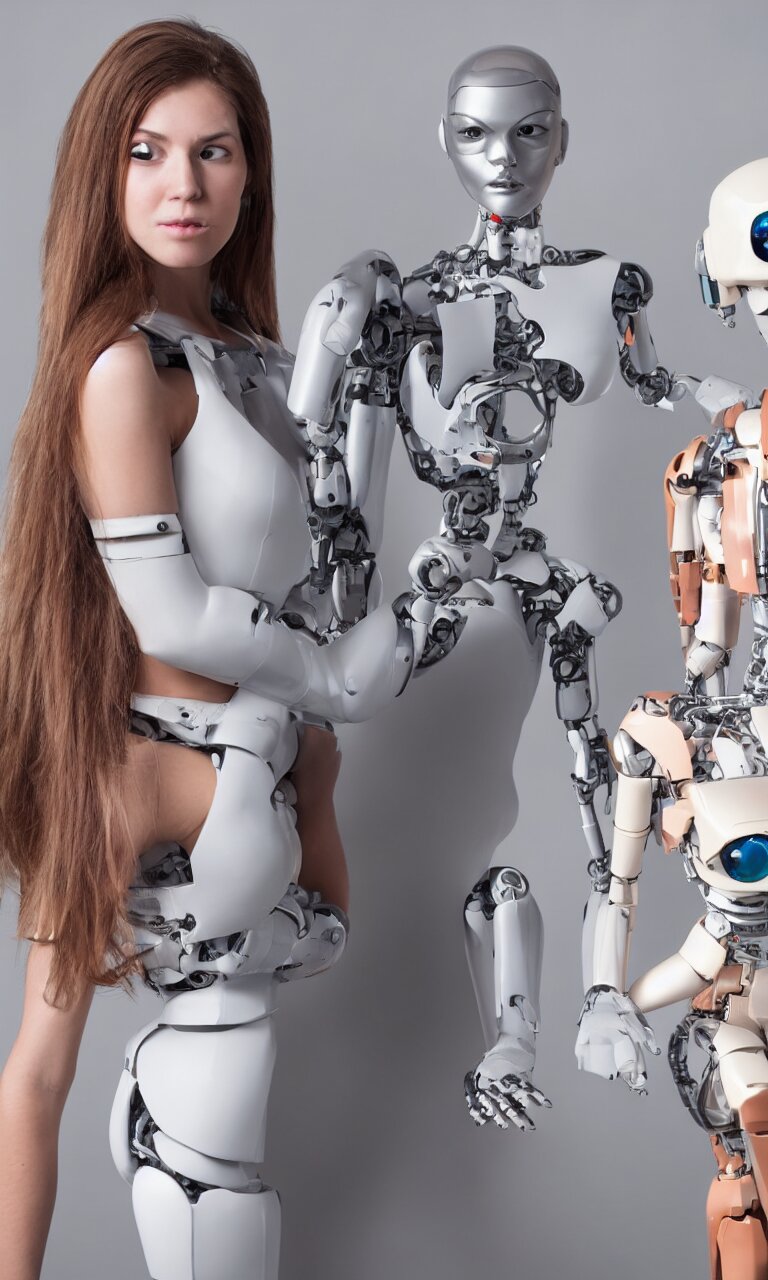 full body photo of a robot woman with human face and steel body, robot body, human face, cyborg body. change the woman to a robot, the robot to a steel body and the human face to a cyborg body