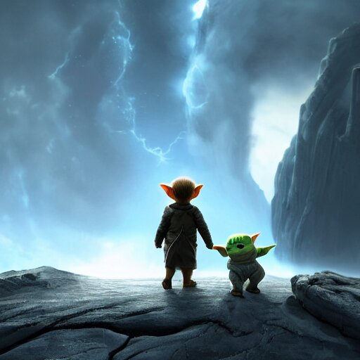 babyyoda ( 2 0 2 1 ) is walking to a spaceship. he is walking next to babygroot ( 2 0 1 7 ). they are friends. photorealistic, digital art, epic fantasy, dramatic lighting, cinematic, extremely high detail, cinematic lighting, trending, artstation, cgsociety, 3 d ue 5, 4 k, hq 