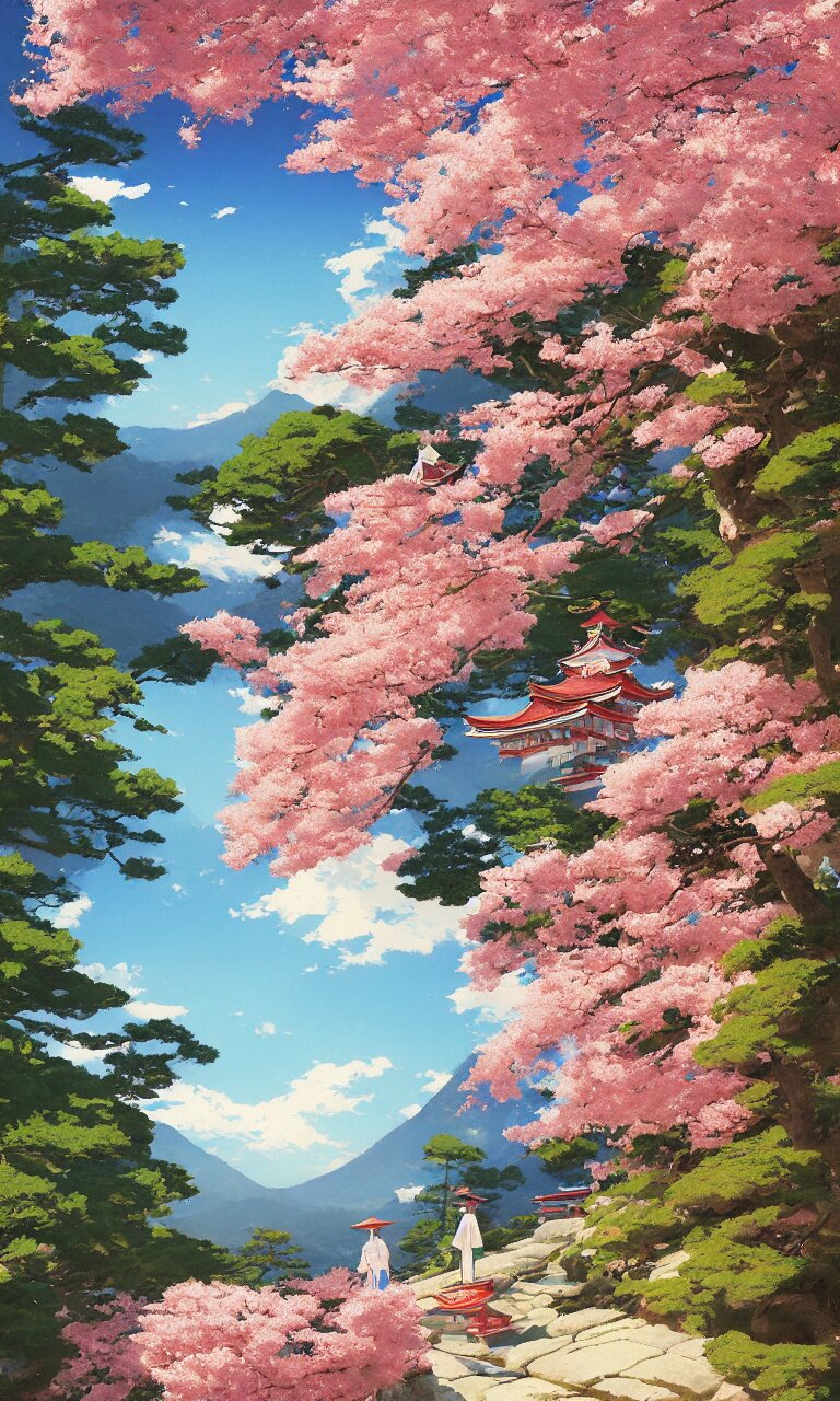 a  traditional Japanese HGUE GAINT quite Torii on a mountain，sunshine, pink petals fly, MAPLE TREE, by studio ghibli painting, wide angle , low-angle shot, by Joaquin Sorolla rhads Leyendecker, by Ohara Koson and Thomas Kinkade, traditional Japanese colors, superior quality, masterpiece