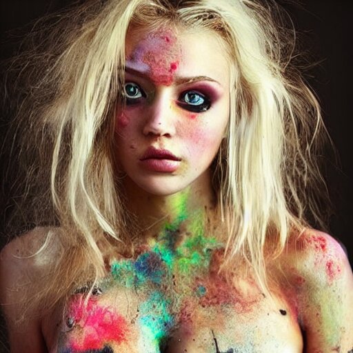 astonishingly beautiful woman in tattered clothes revealing body, blonde hair, make up, vivid colors