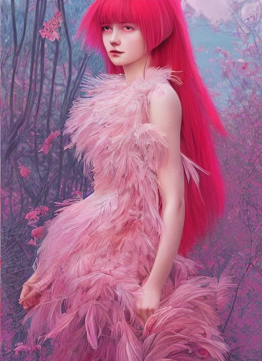 fashion photo 1970s fashion half-body view feminine detailed model woman pink hair pink glitter soft pink colors 