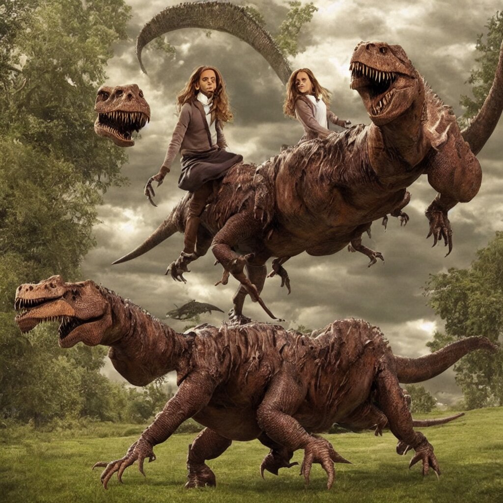 HERMIONE GRANGER RIDING A T-REX - oil painting - portrait - fantasy - art. Switch Hermione Granger with a dragon.