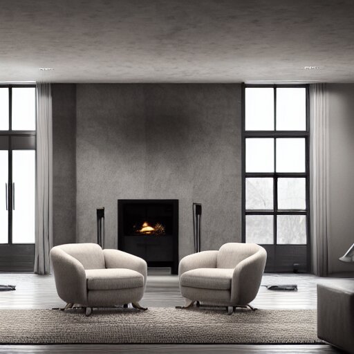 two armchairs by the fireplace, reading a book in modern interior design | octane render, hyperrealistic, concrete archetecture, vray, volumetric lighting, cinema 4 d, unreal engine. fire burning slowly