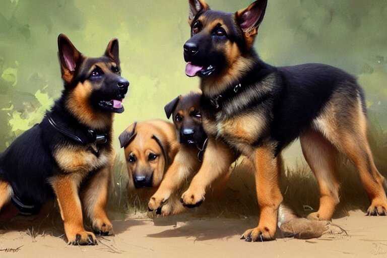 German shepherd puppies playing with labrador retriever puppies, portrait, elegant, intricate, digital painting, artstation, concept art, smooth, sharp focus, illustration, art by artgerm and greg rutkowski and alphonse mucha