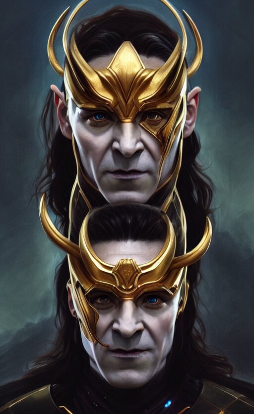 symmetry!! intense portrait of loki in the style of god of war, machine parts embedded into face, intricate, elegant, highly detailed, digital painting, artstation, concept art, smooth, sharp focus, illustration, art by artgerm and greg rutkowski and alphonse mucha, 8 k