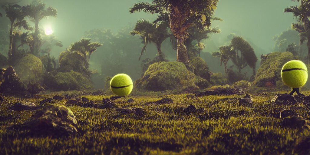 A vintage movie poster of 8 k ultra realistic tennis ball monsters, exotic, cinematic lighting, trending on artstation, 4 k, hyperrealistic, focused, high details, unreal engine 5, cinematic, alien planet atmosphere in background, 3 d render by beeple. turn into a vintage movie poster