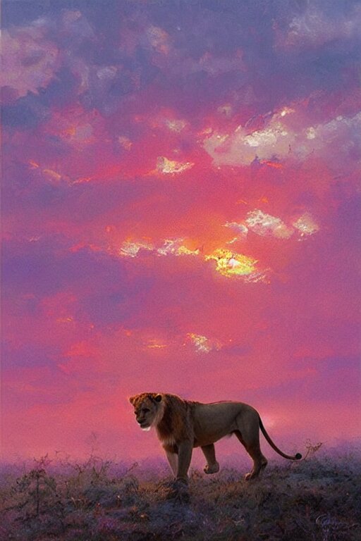 Add a pink sunset over the lioness.