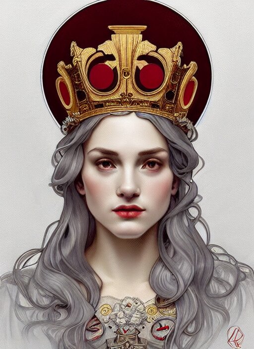 a light grey crown, crown has a single red circle button and a single white rectangle button on it, intricate, elegant, highly detailed, lighting, painting, artstation, smooth, illustration, art by greg rutowski and alphonse mucha