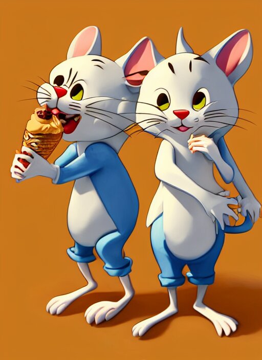 tom and jerry eating ice cream full - body and head view, highly detailed, zeronis style, artstation, soft light, sharp focus, illustration, character design, concept art