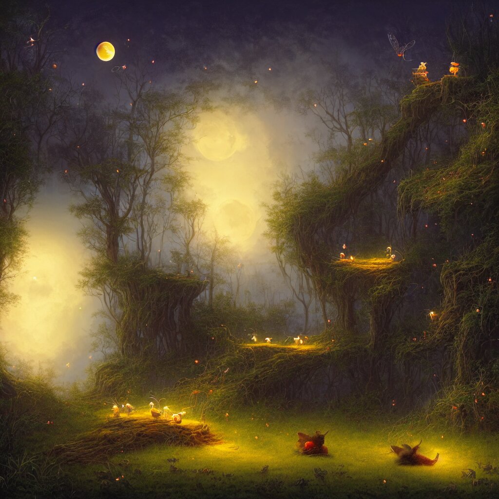 Glowing night forest with beautiful trees and birds with light bees