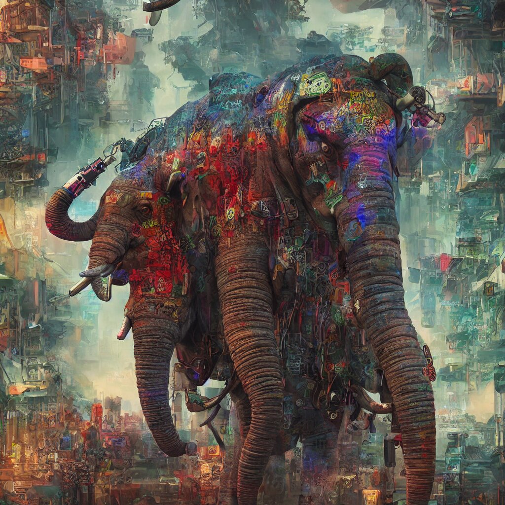 War Cyberpunk Elephant with Machine Gun Mounted in a Vivid Color Jungle by someone else. change the artist to someone who does cyberpunk elephant paintings in a vivid jungle color