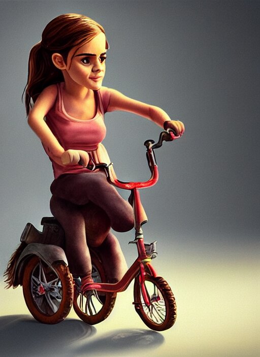 Emma Watson Riding a Tricycle, with a Godzilla-like Creature for a Light Effect. turn the tricycle into a Godzilla-like creature