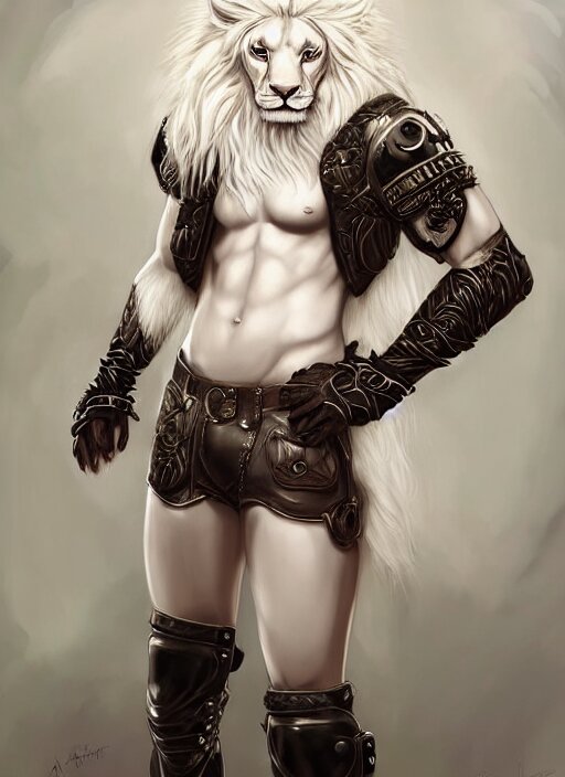 Aesthetic portrait commission of a  of a male fully furry muscular anthro albino lion wearing attractive gay leather harness and shorts with a tail and a beautiful attractive hyperdetailed face r, safe for work (sfw). character design by charlie bowater, ross tran, artgerm, detailed, inked, award winning film poster painting