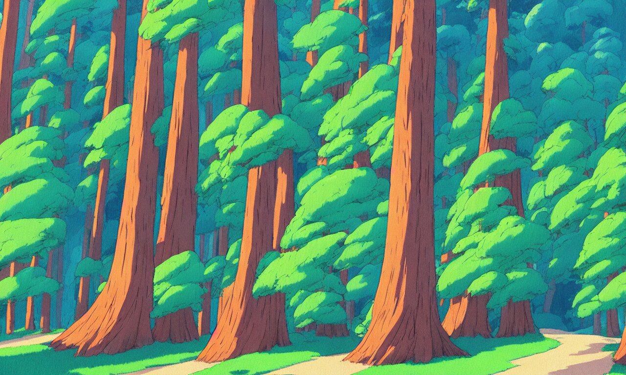 Sequoia park in a colorful moutain with beautiful trees , no people, morning, by studio ghibli painting, superior quality, masterpiece,  traditional Japanese colors, concept art