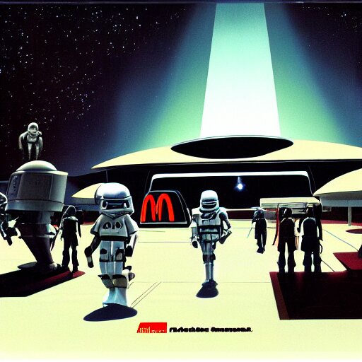 ralph mcquarrie concept art of a futuristic mcdonalds. a space station is seen off in the distance with various droids and people walking in the foreground. a trooper is seen holding a brown mcdonalds bag. 