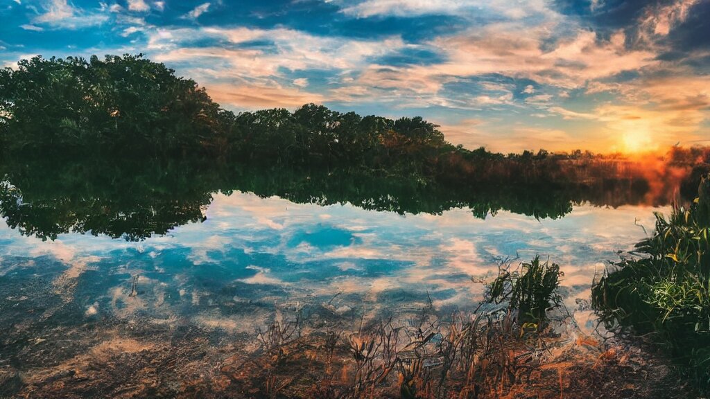 lsd themed trippy tranquil mesmerizing calm lake at sunset detailed, 8k, mesmerizing, low saturation, high resolution