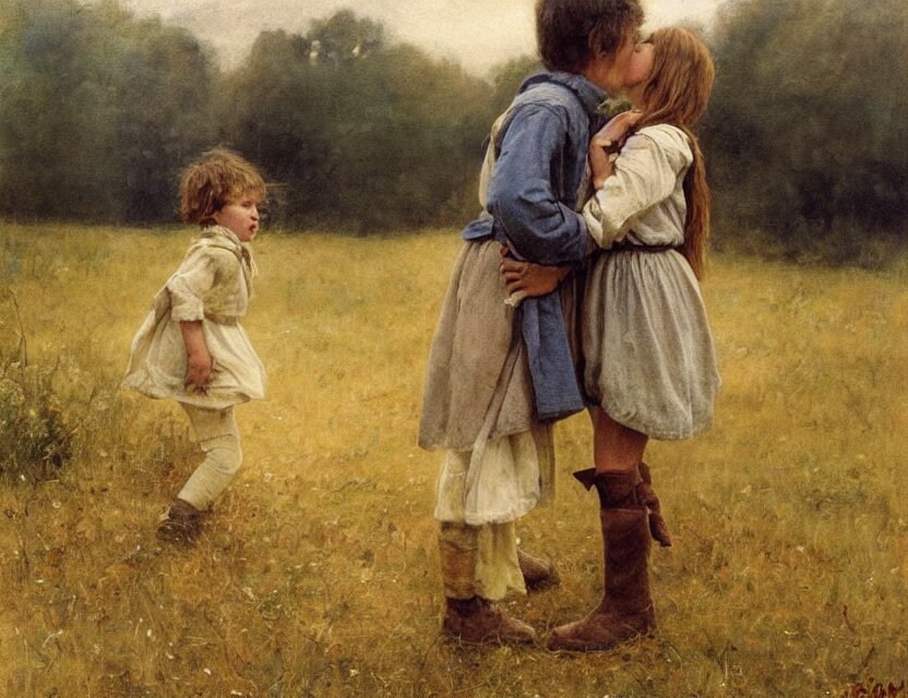 peasant boy and girl first kiss, on a village
