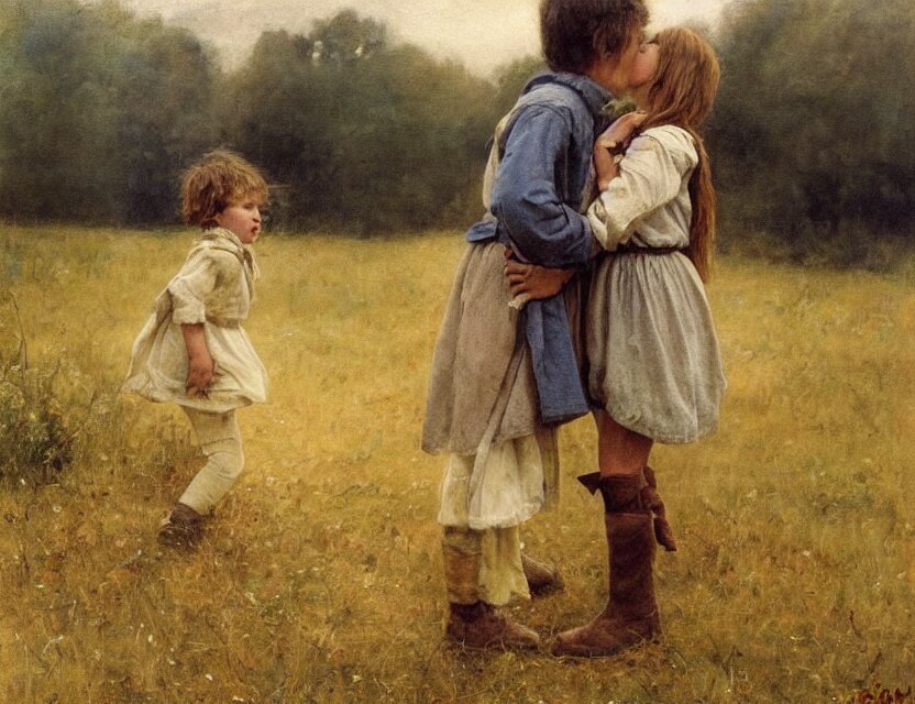 peasant boy and girl first kiss, on a village, Cinematic focus, Polaroid photo, vintage, neutral colors, soft lights, foggy, by Steve Hanks, by Serov Valentin, by lisa yuskavage, by Andrei Tarkovsky 8k render, detailed, oil on canvas