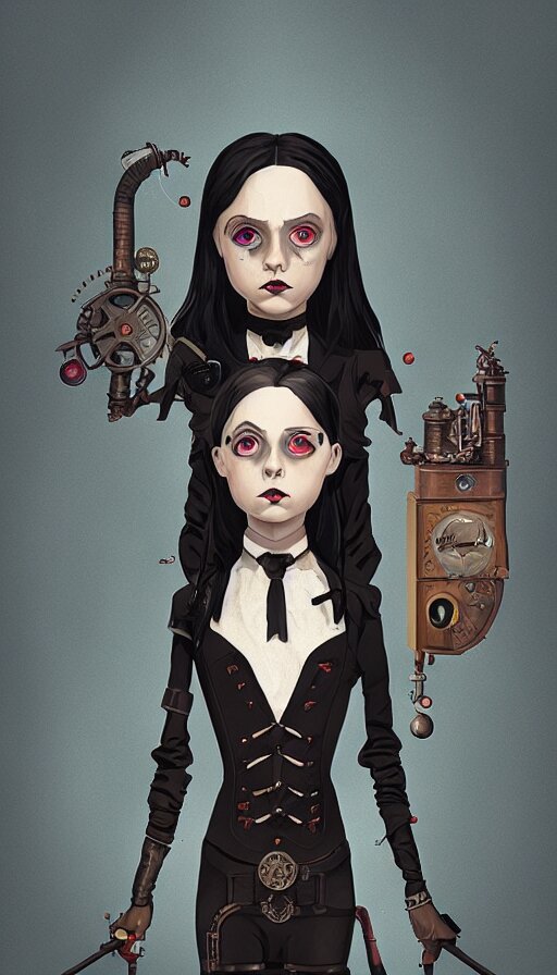 steampunk wednesday addams, sharp focus, james gilleard, cinematic, game art, extremely detailed digital painting, print