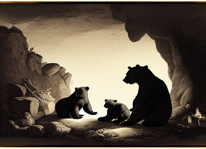 Make the bear's fur white, the cub's fur black, and the cave dark brown