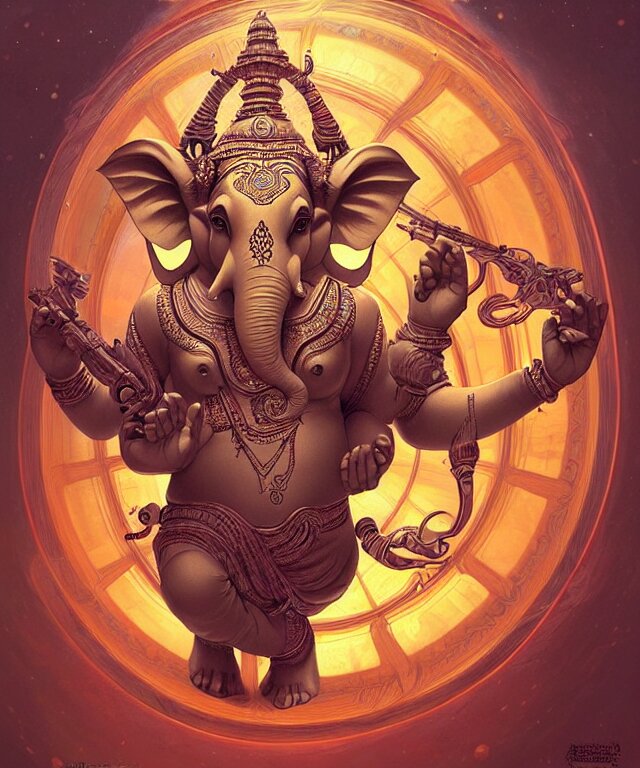 intergalactic ganesha, mandala, fantasy, intricate, elegant, highly detailed, digital painting, artstation, concept art, matte, sharp focus, illustration, art by artgerm, greg rutkowski, and alphonse mucha - Galaxy behind him. Add a galaxy behind him