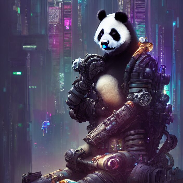 cyberpunk panda, naturel, hyper detailed, digital art, trending in artstation, cinematic lighting, studio quality, smooth render, unreal engine 5 rendered, octane rendered, art style by klimt and nixeu and ian sprigger and wlop and krenz cushart. Add a cyberpunk filter