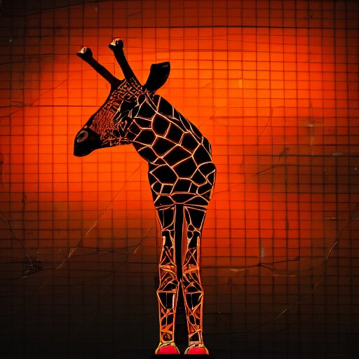 cyberpunk giraffe, unreal engine, vibrant orange, symmetrical, black background, happy 