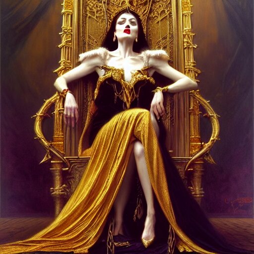 full body portrait of beautiful  young vampire queen in gold gothic robes sitting on a throne of bones, elegant, highly detailed painting by gaston bussiere, craig mullins, j. c. leyendecker, 8 k, mid shot