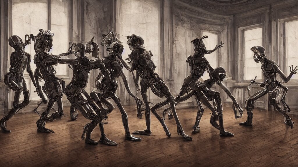 Group of metal cyborgs dancing in a 1 8th century room in the sky. Two cyborg eating snacks very close to camera. Large windows. City outside of big windows. Daytime. Cables everywhere. Cables on walls. Detailed. Wooden parquet. Old furniture. Volumetric lighting. Concept art. Cinematic. 3 5 mm lens. 4 k. make the city made of ice