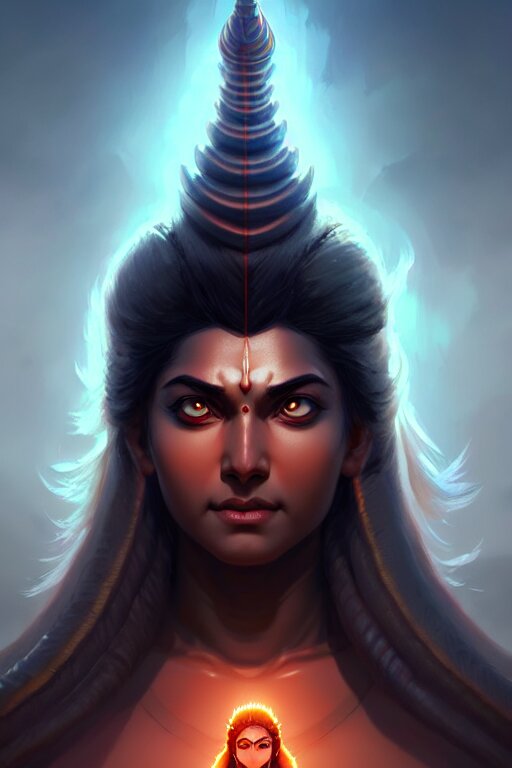 wide shot of god shiva the destroyer digital painting, beautiful eyes!, pretty face!!, symmetry, concept art, sharp focus, illustration, art by artgerm! greg rutkowski magali villeneuve wlop! ilya kuvshinov!!, octane render