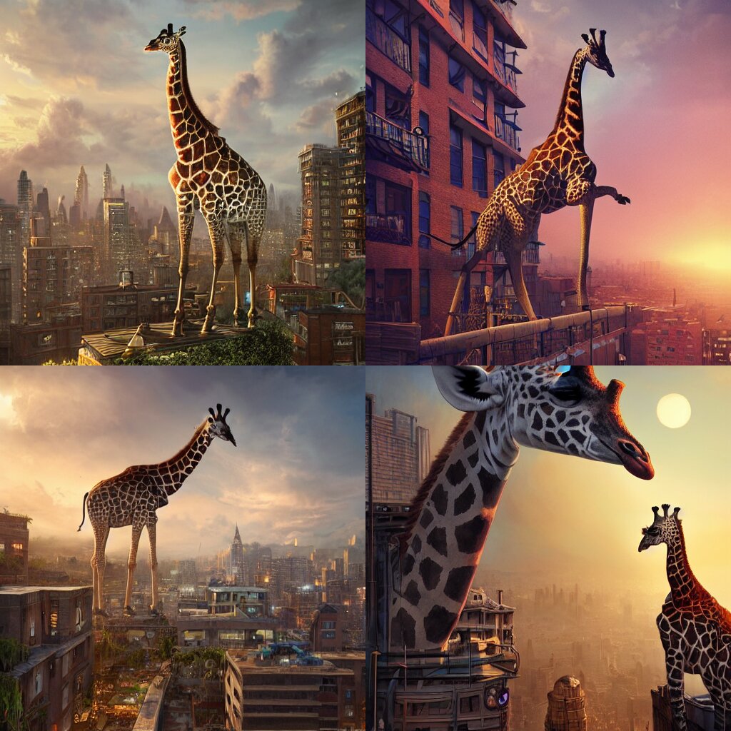 rooftop occupied by a giraffe, fantasy, intricate, epic lighting, cinematic composition, hyper realistic, 8 k resolution, unreal engine 5, by artgerm, tooth wu, dan mumford, beeple, wlop, rossdraws, james jean, marc simonetti, artstation 