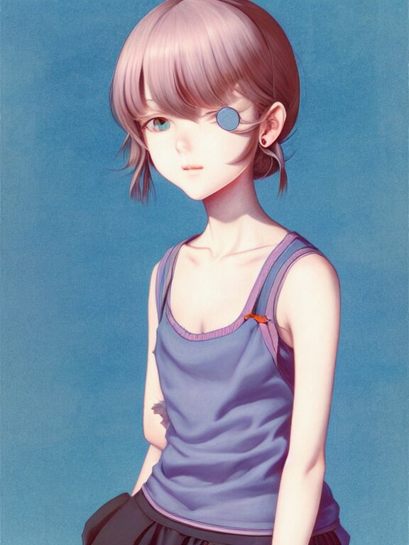 richly detailed color  illustration of a dainty pretty young woman wearing a tank top, weird events in the classroom, very soft shadowing, smooth textures, large scale image. art by Range Murata.