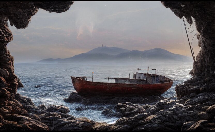 a highly detailed matte painting of a single fishing boat on lake in lightning storm and heavy rain by studio ghibli, makoto shinkai, by artgerm, by wlop, by greg rutkowski, volumetric lighting, octane render, 4 k resolution, trending on artstation, masterpiece
